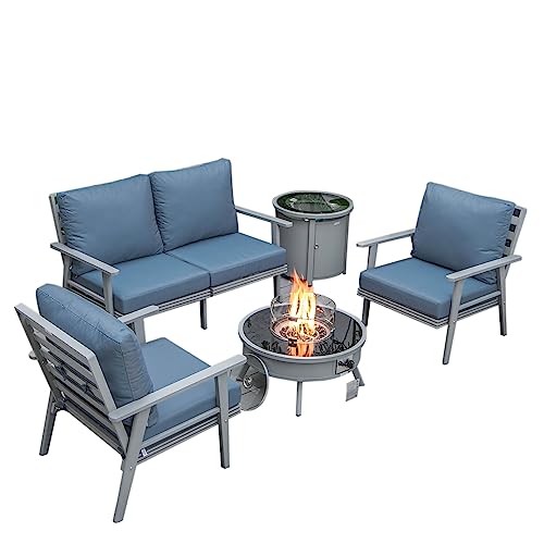 LeisureMod Walbrooke Modern Aluminum 5-Piece Patio Conversation Set with Firepit Navy Blue