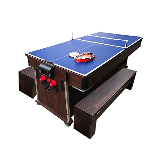 SIMBASHOPPING USA 7FT Multigame Pool Table Blue/Brown Air Hockey + Table Tennis