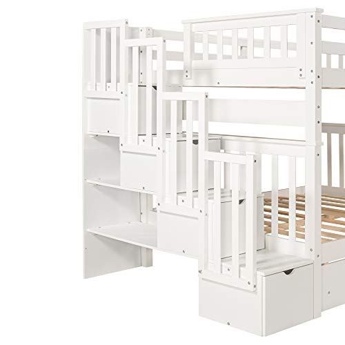 Harper & Bright Designs Full Over Full Bunk Bed with Storage Drawers and Stairway Shelves White
