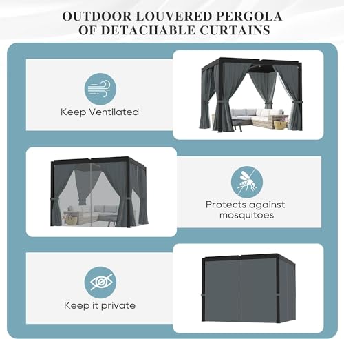 GS CHIER Outdoor Louvered Pergola 10' x 10' Adjustable Roof Black with Curtain