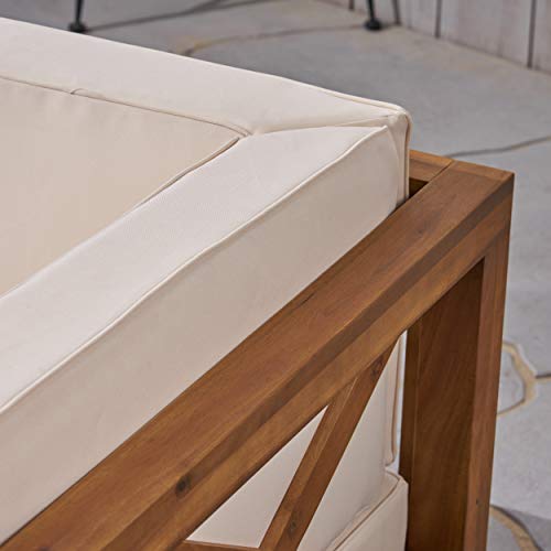 Great Deal Furniture Outdoor Sectional Loveseat Set with Coffee Table 2-Seater Acacia Wood Water-Resistant Cushions Teak Finish + Beige