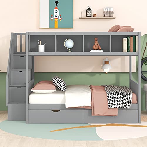 BOVZA Twin Over Full Bunk Bed with Storage Shelves, Drawers & Staircase Grey