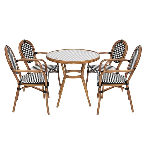 EMMA + OLIVER Colmar Indoor/Outdoor Bistro Set Black & White Rattan/Natural Frame