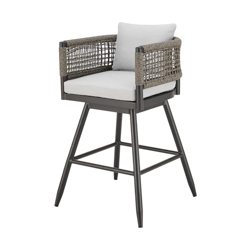HomeRoots 35" Light Gray Metal Swivel Low Back Outdoor Counter Height Bar Chair with Footrest Grey