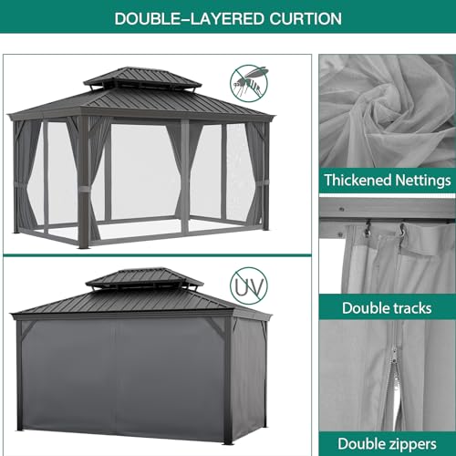 GAOMON 12x14ft Hardtop Gazebo Heavy Duty Double Roof Outdoor Garden Gray