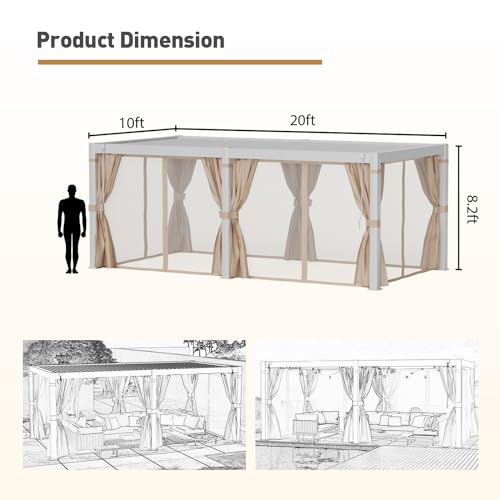 COSIEST 10'x20' Outdoor Louvered Pergola with Adjustable Roof, Netting & Curtains, Hardtop Gazebo Sun Shade White