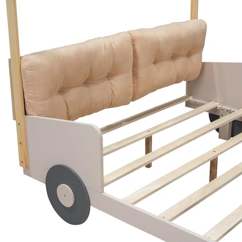 YOPTO Kids Car-Shaped Floor Bed with LED Lights & Magazine Holder Natural
