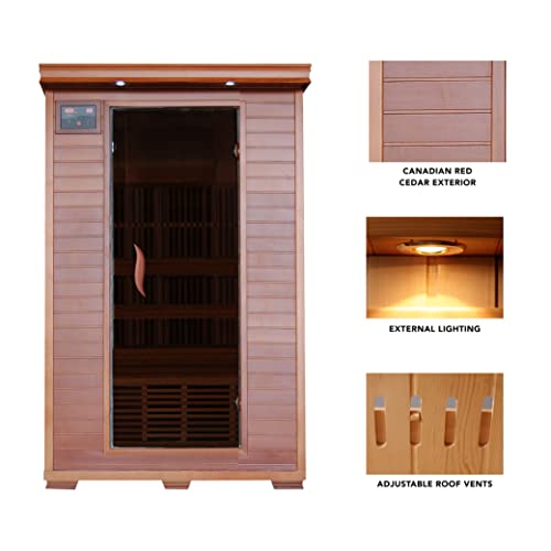 Blue Wave Radiant Saunas 2-Person Infrared Cedar Wood Sauna with Air Purifier, Chromotherapy Lighting, Music System, Carbon Heaters