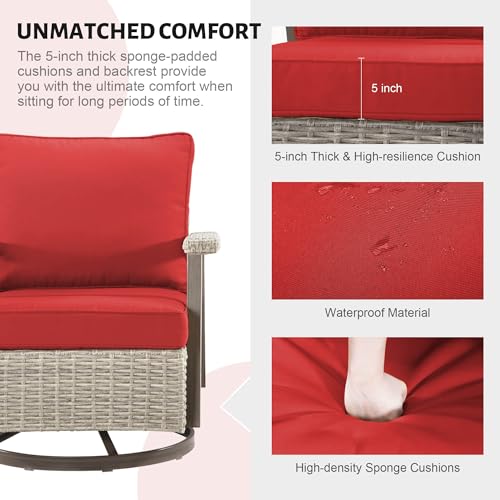 Yokayoay Wicker Patio Chairs Set of 2 Outdoor Swivel Rocking Chairs Grey/Red