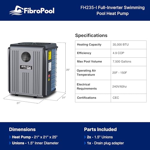 FibroPool Swimming Pool Heat Pump Full Inverter FH235 35,000 BTU Black