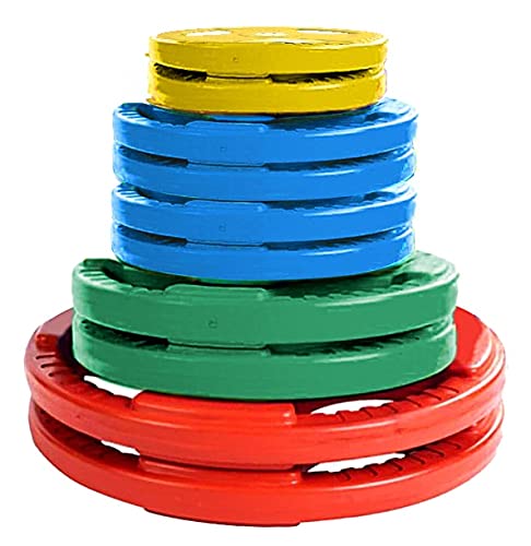 French Fitness Rubber Grip Weight Plate Set with Olympic Bar 235 lbs + Bench
