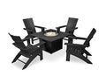 Polywood Modern Curveback Adirondack Chair 5-Piece Conversation Set with Fire Pit Table Black