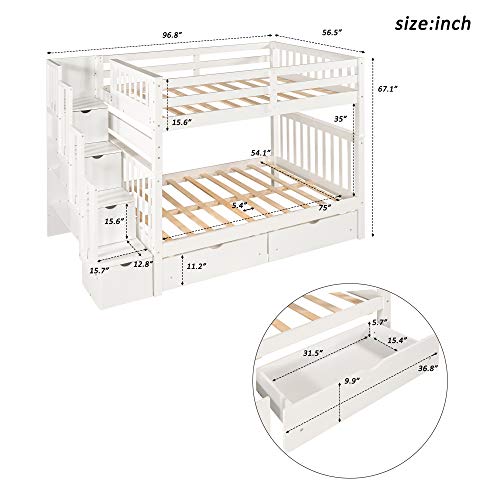 Harper & Bright Designs Full Over Full Bunk Bed with Storage Drawers and Stairway Shelves White