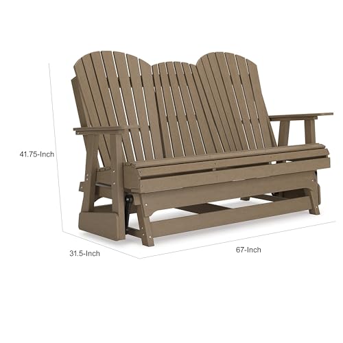 Benzara 67 Inch Outdoor Adirondack Glider Loveseat with Dropdown Cupholders Brown