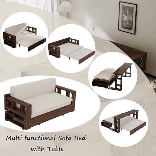 HomSof 3-in-1 Velvet Loveseat Sleeper Sofa Bed with Convertible Desk Beige