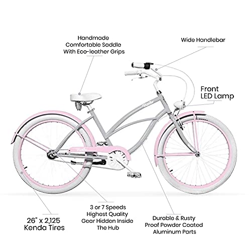Vivelo LA Donna Beach Cruiser for Women Complete Bike Aluminium Lightweight Frame 26-Inch 7-Speed Adele