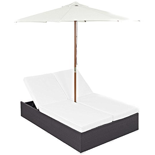 Modway Convene Outdoor Patio Double Chaise Lounge Chair and Umbrella Set White