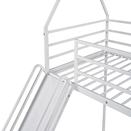Brisca Metal Twin Size House Bed with Roof and Slats Support White