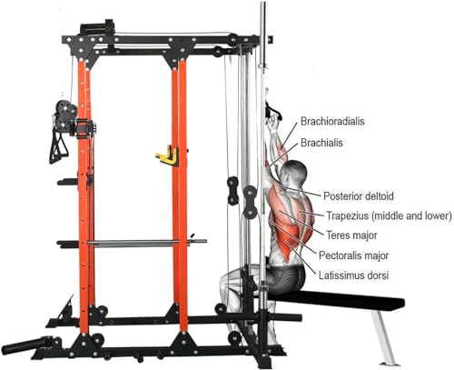 REDAEL Versatile Power Cage with LAT Pulldown, Weight Storage, and Optional Bench Orange+Black