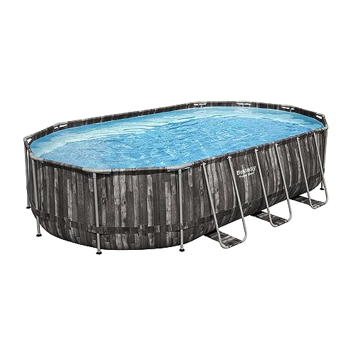 Bestway Power Steel Oval Metal Frame Above Ground Swimming Pool Set Gray Wood Print