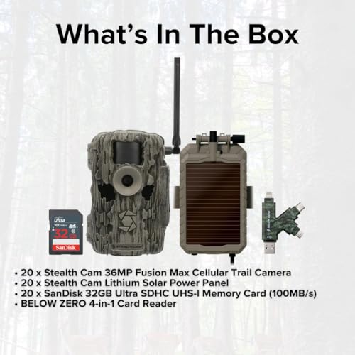 Stealth Cam 36MP Fusion Max Cellular Trail Camera 2-Pack with Solar Power Panel, Card Reader, and 32GB Memory Card Bundle