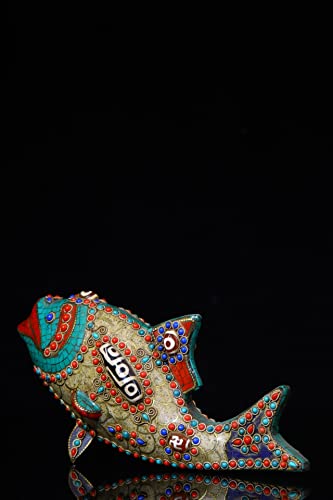 Generic 9" Tibetan Bronze Dzi Beads Carp Statue Ornament