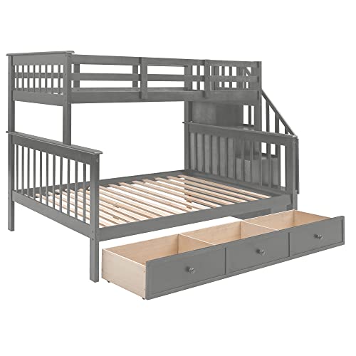 MERITLINE Twin Over Full Bunk Bed with Storage Drawers, Shelves, Guardrails, and Stairs Grey