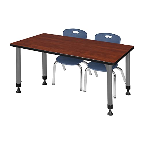 Romig Adjustable Classroom Table Cherry with 2 Navy Blue Stack Chairs