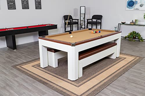 Hathaway Newport 7-ft Pool Table Tennis Combination with Dining Top, Two STO Newport II 7-ft Pool Table Combo Set with Benches - White with Camel Felt - Walnut