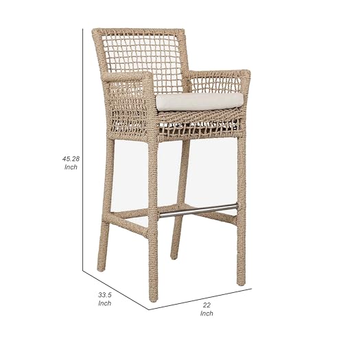 Benzara 31 Inch Outdoor Bar Stool Chair, Rope Woven, Ivory Olefin Fabric Seat, Brown