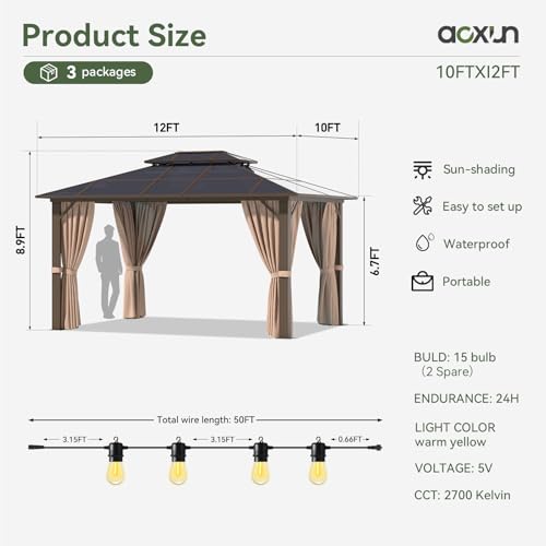 Aoxun 10'x12' Hardtop Gazebo Brown with Lights