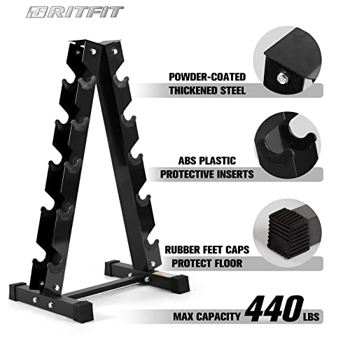 RitFit Rubber Hex Dumbbells Set with Rack 180LBS