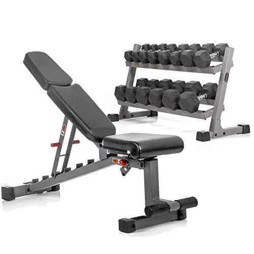 XMark Two Tier Heavy Duty Steel Dumbbell Rack with 380 lb Set, Bench