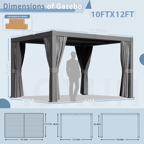 Aoxun Louvered Pergola 10x12ft Outdoor Aluminum Adjustable Roof Gray