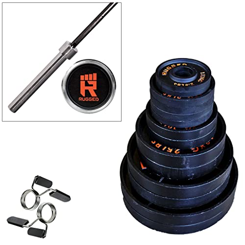 Rugged Strength & Fitness Olympic Weight Plate Set - 300 lbs. Cast Iron, Deep Dish Design Black