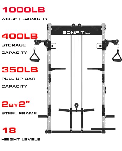 EonfitOmni Power Cage with Pulley System, Squat Power Rack Home Gym Cable Crossover LAT Pulldown Fitness Machines Black