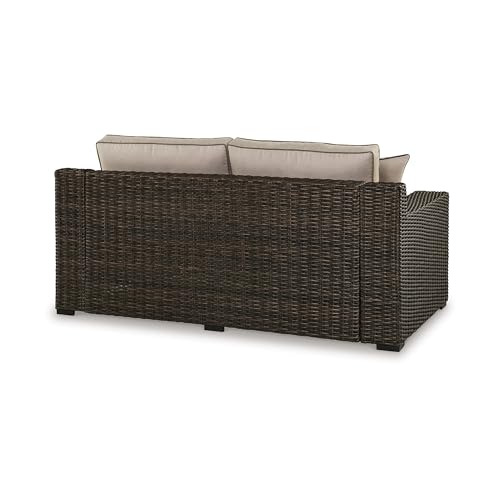 Benzara 71 Inch Outdoor Loveseat with 2 Throw Pillows Resin Wicker Brown Beige Black