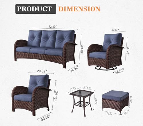 Vakollia 9-Piece Patio Furniture Set, Wicker Rattan High Back Outdoor Swivel Rocking Chairs with Couch, Ottomans, and Side Table Brown/Navy Blue