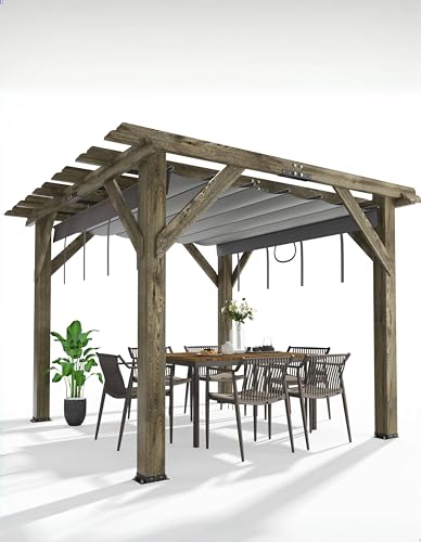 KYBOLT 10x10 Ft Wood Pergola with Retractable Sunshade Charcoal Gray