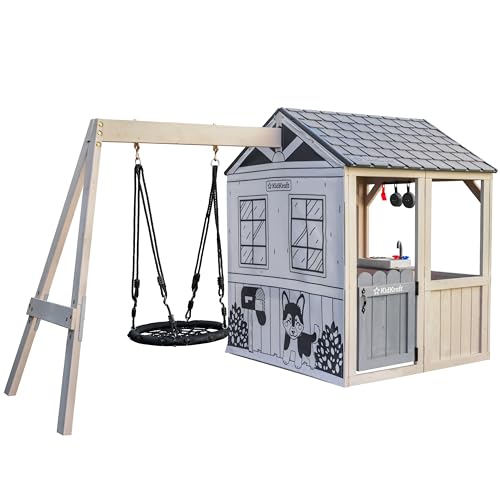 KidKraft Savannah Swing Wooden Outdoor Playhouse with Web Swing and Play Kitchen White/Gray