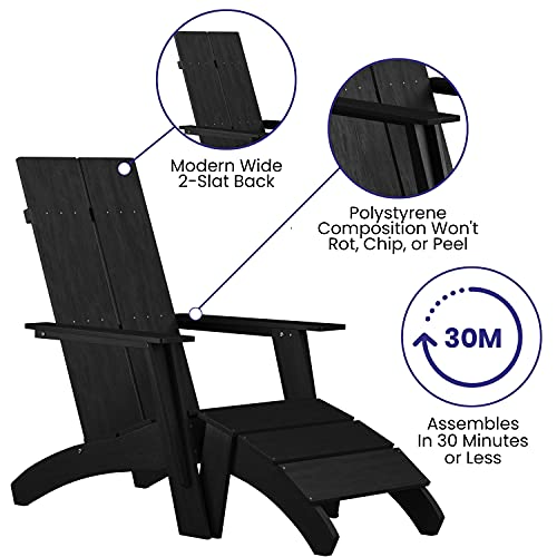 Taylor & Logan Brady Dual Slat Back Poly Resin Adirondack Chairs with Foot Rests Black