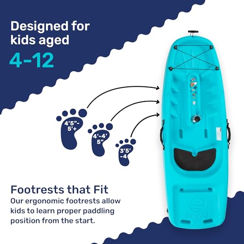 Evrwild Kids 6.5ft Kayak with Paddle, Lightweight Premium & Stable, 3-Level Footrest, Sit On Top for Youth to Teen Up to 130lbs, Grinnell Glacier Blue