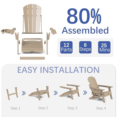 FOOWIN Adirondack Chair with Retractable Ottoman, Adjustable HDPE Folding Chair Set of 4, All-Weather Resistant, Brown
