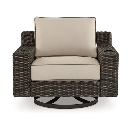 Benzara 43" Waga Outdoor Swivel Lounge Chair with Cupholder Wicker Brown Beige Black