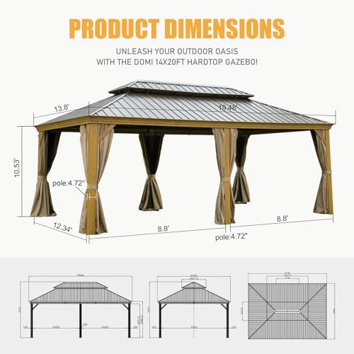 MATONELL 14x20FT Hardtop Gazebo Permanent Metal with Aluminum Frame Brown