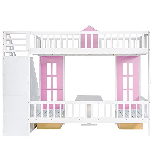 Harper & Bright Designs Twin Size Loft Bed with Stairs and Desk Pink