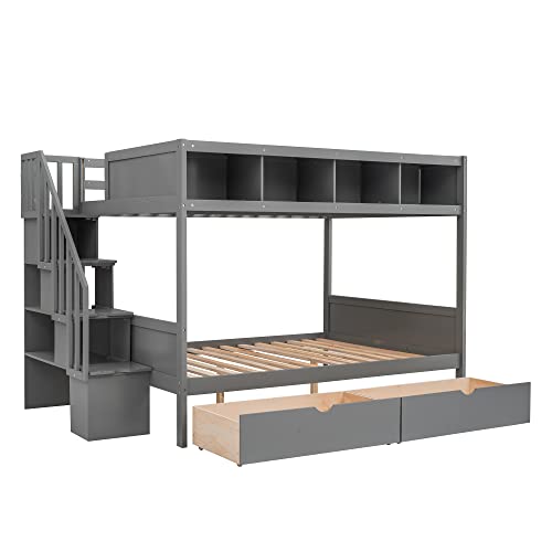 BOVZA Twin Over Full Bunk Bed with Storage Shelves, Drawers & Staircase Grey