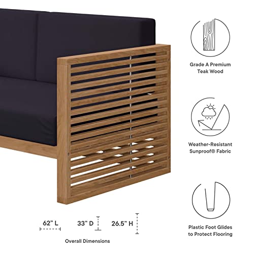 Modway Carlsbad Modern Teak Wood Fabric Patio Loveseat Navy Natural