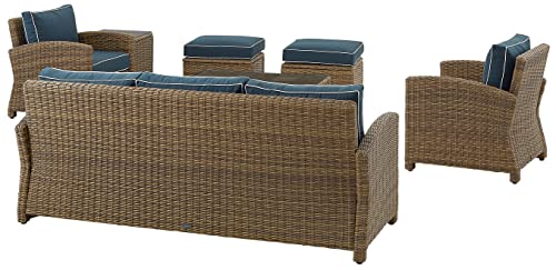 Crosley Furniture Bradenton 7-Piece Outdoor Sofa Set Weathered Brown with Navy Cushions