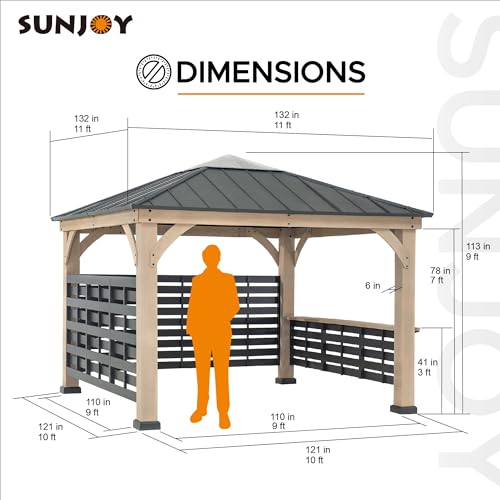 SummerCove 11x11 ft. Hardtop Cedar Wood Gazebo with Steel Roof and Bar Shelf Matte Black